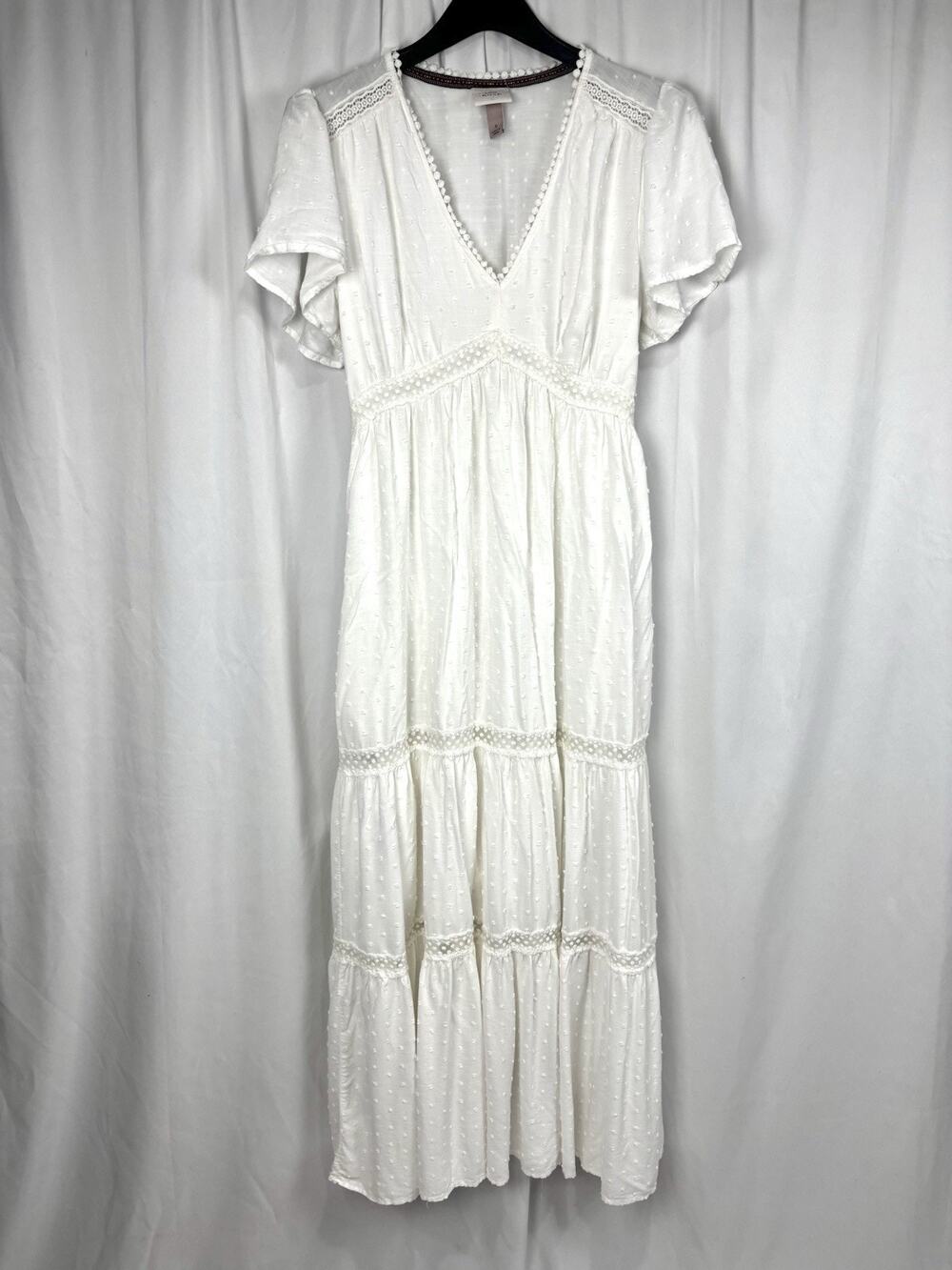 Knox Rose White Maxi Dress Swiss Dot Lace Tiered Boho Festival Cottagecore Sz S